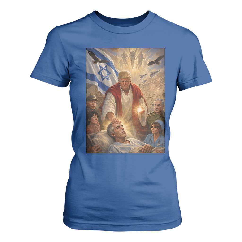 Trump as Jesus T Shirt For Women Divine Leader Meme Healing Scene Israel Flag TS11 Royal Blue Print Your Wear