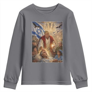 Trump as Jesus Youth Sweatshirt Divine Leader Meme Healing Scene Israel Flag TS11 Charcoal Print Your Wear