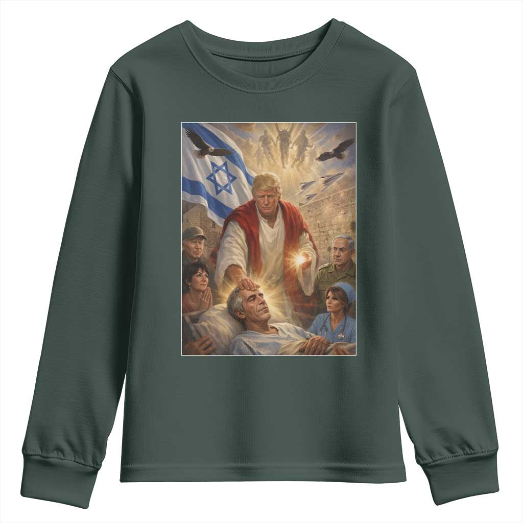 Trump as Jesus Youth Sweatshirt Divine Leader Meme Healing Scene Israel Flag TS11 Dark Forest Green Print Your Wear