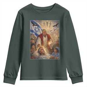 Trump as Jesus Youth Sweatshirt Divine Leader Meme Healing Scene Israel Flag TS11 Dark Forest Green Print Your Wear