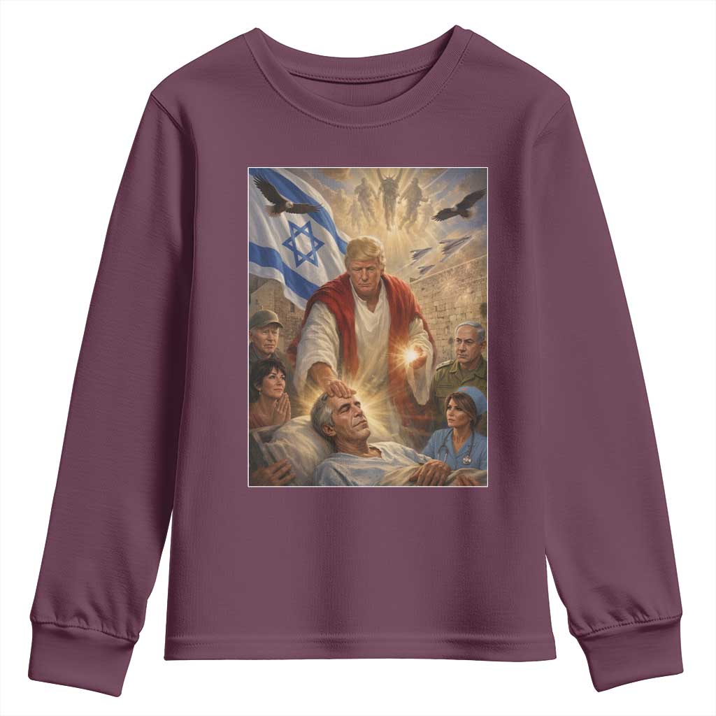 Trump as Jesus Youth Sweatshirt Divine Leader Meme Healing Scene Israel Flag TS11 Maroon Print Your Wear