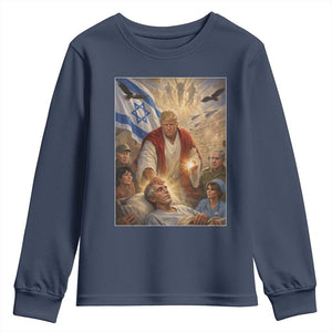Trump as Jesus Youth Sweatshirt Divine Leader Meme Healing Scene Israel Flag TS11 Navy Print Your Wear
