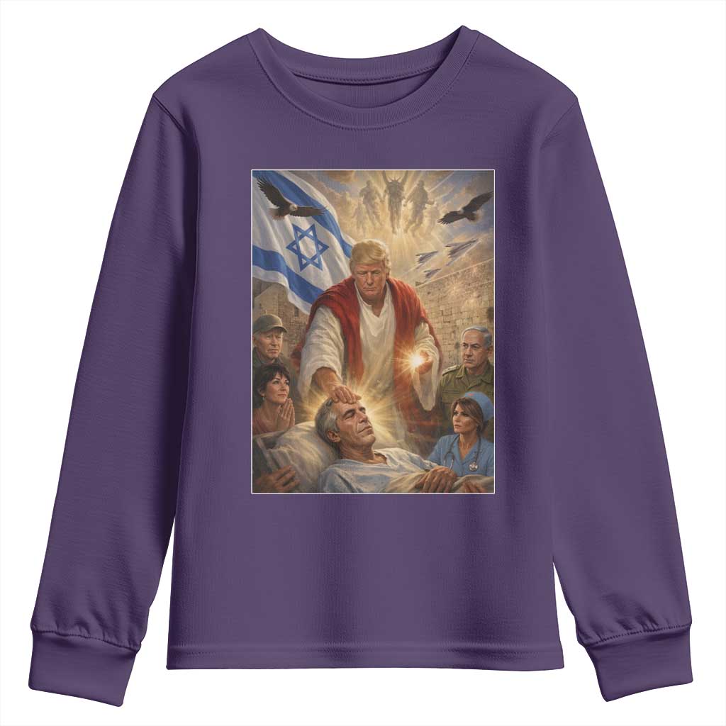 Trump as Jesus Youth Sweatshirt Divine Leader Meme Healing Scene Israel Flag TS11 Purple Print Your Wear