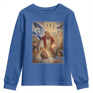Trump as Jesus Youth Sweatshirt Divine Leader Meme Healing Scene Israel Flag TS11 Royal Blue Print Your Wear
