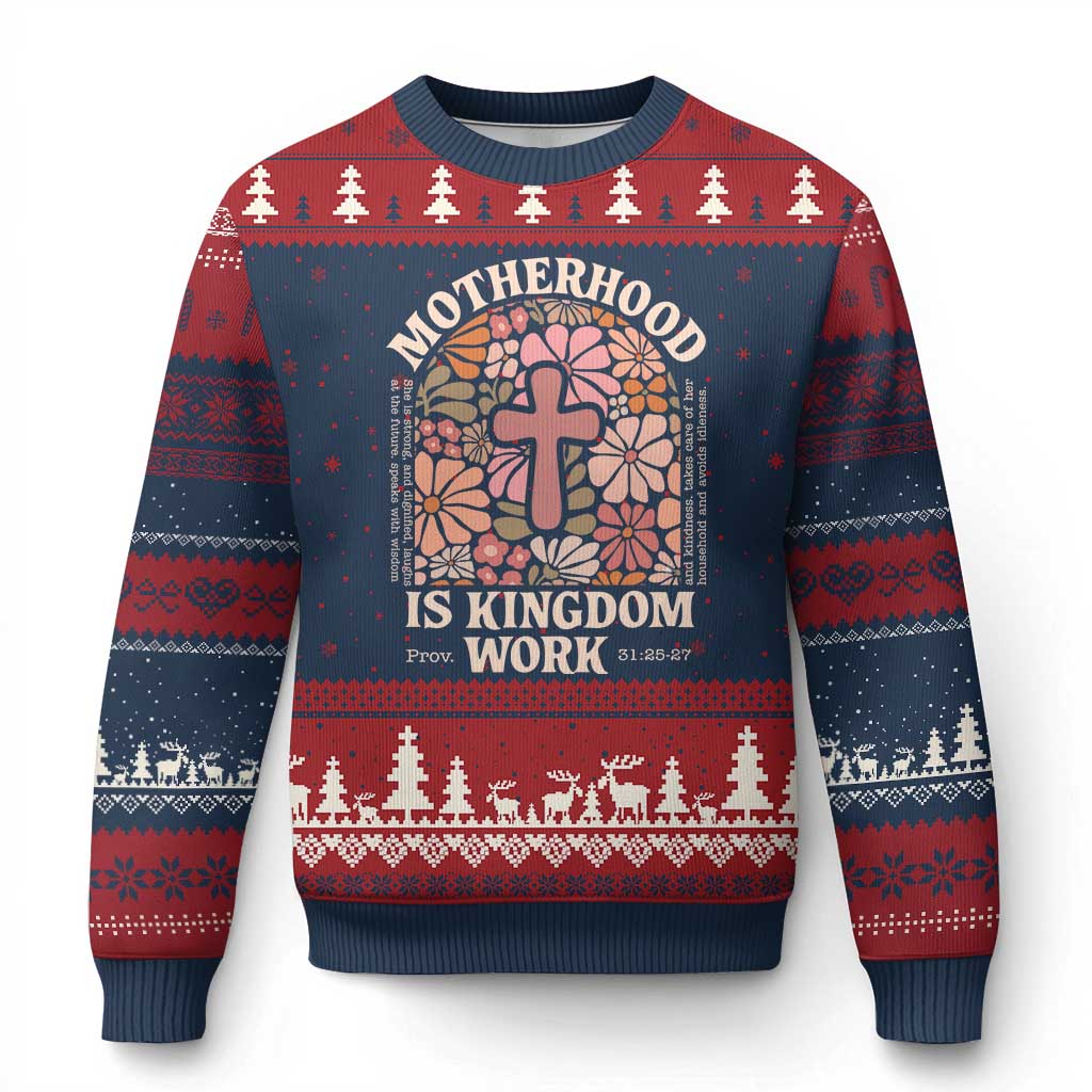 Christian Mom Ugly Christmas Sweater Motherhood Is Kingdom Work Floral Mother's Day TS11 Navy Red Print Your Wear