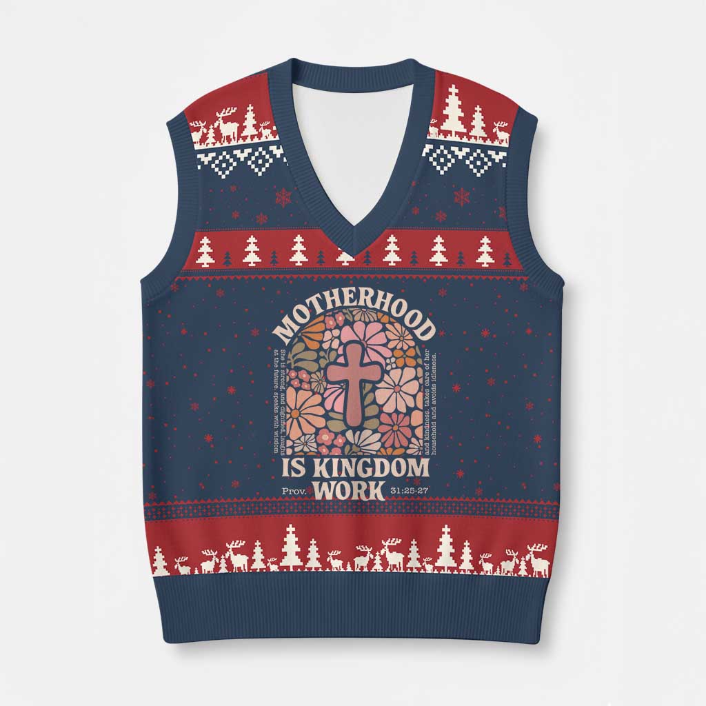 Christian Mom V-Neck Knit Sweater Vest Motherhood Is Kingdom Work Floral Mother's Day TS11 Navy Red Print Your Wear