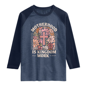Christian Mom Raglan Shirt Motherhood Is Kingdom Work Floral Mother's Day TS11 Heather Denim Navy Print Your Wear