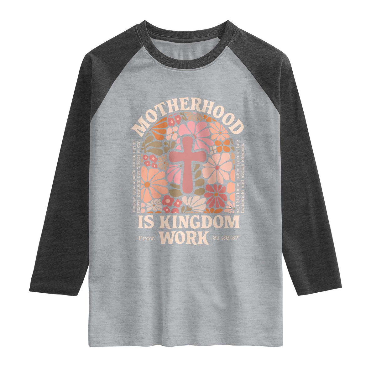 Christian Mom Raglan Shirt Motherhood Is Kingdom Work Floral Mother's Day TS11 Heather Gray Heather Charcoal Print Your Wear