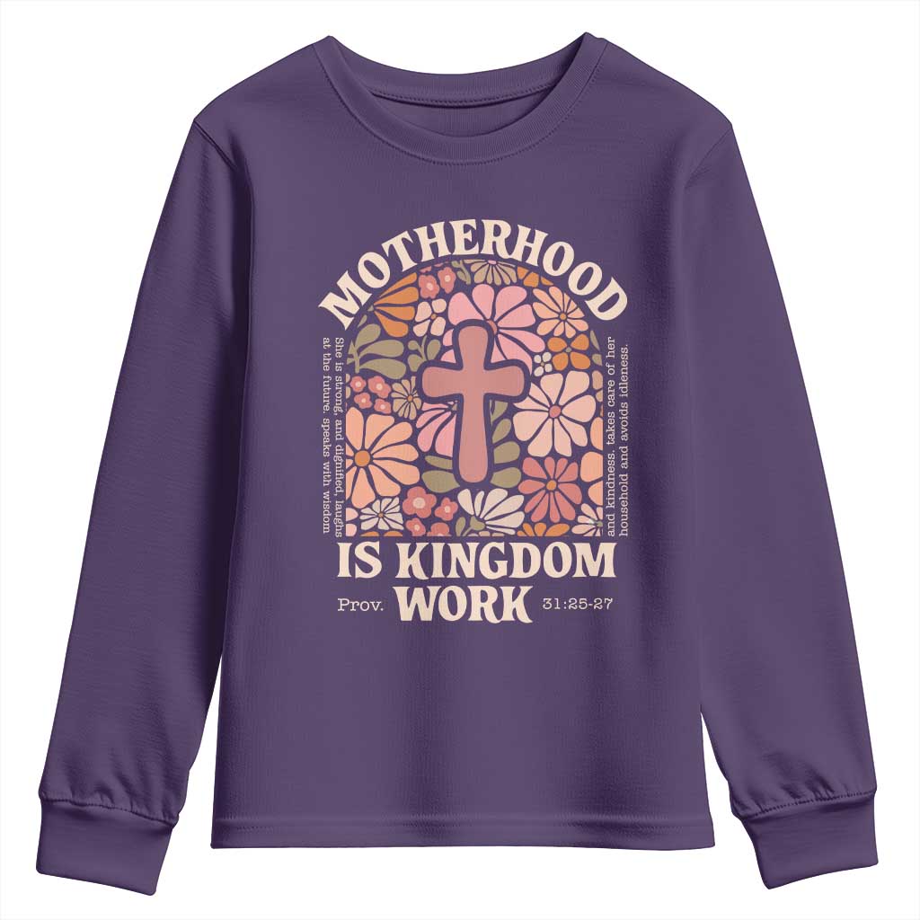 Christian Mom Youth Sweatshirt Motherhood Is Kingdom Work Floral Mother's Day TS11 Purple Print Your Wear