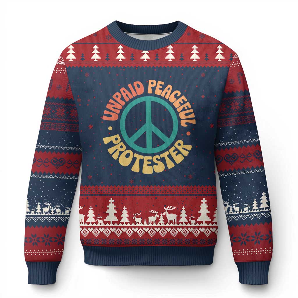 Unpaid Peaceful Protester Ugly Christmas Sweater Social Justice Floral Peace Sign TS11 Navy Red Print Your Wear
