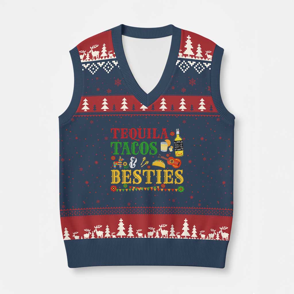 Tequila Tacos And Besties V-Neck Knit Sweater Vest Funny Mexican Fiesta Cinco De Mayo TS11 Navy Red Print Your Wear