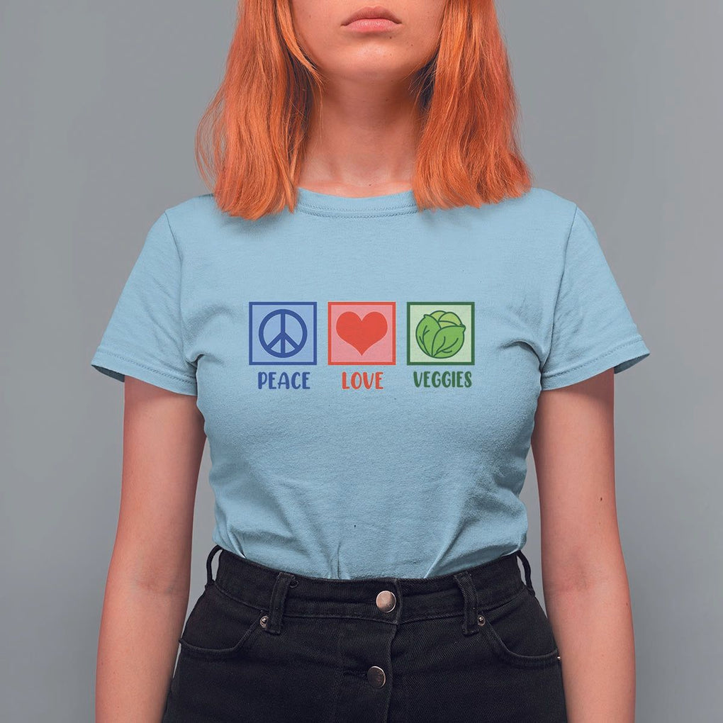 Peace Love Veggies T Shirt For Women Vegetables Themed Funny Vegan Food TS11 Light Blue Print Your Wear