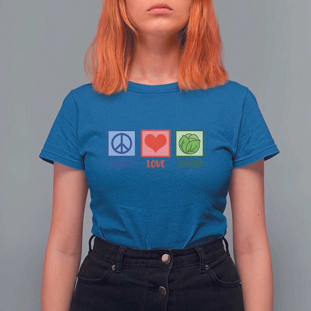 Peace Love Veggies T Shirt For Women Vegetables Themed Funny Vegan Food TS11 Royal Blue Print Your Wear