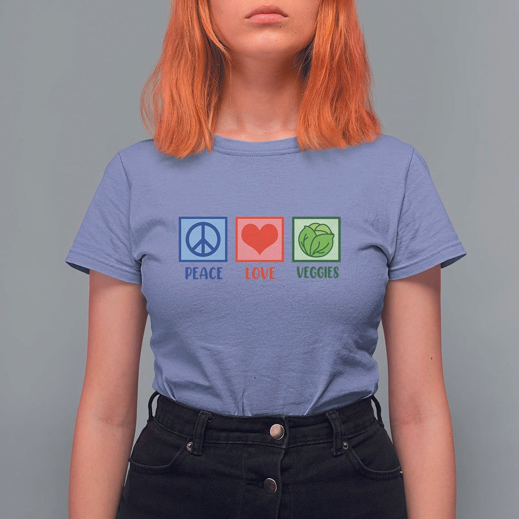 Peace Love Veggies T Shirt For Women Vegetables Themed Funny Vegan Food TS11 Violet Print Your Wear