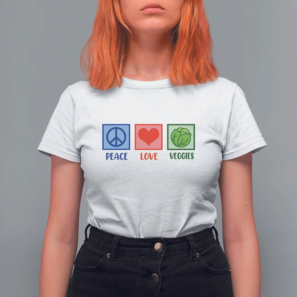 Peace Love Veggies T Shirt For Women Vegetables Themed Funny Vegan Food TS11 White Print Your Wear