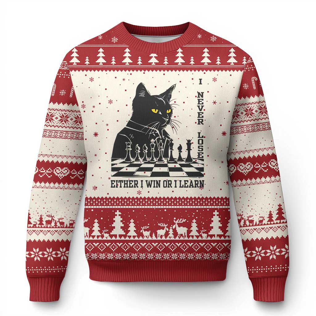 Chess Lover Ugly Christmas Sweater I Never Lose Either I Win Or I Learn Elegant Cool Cat