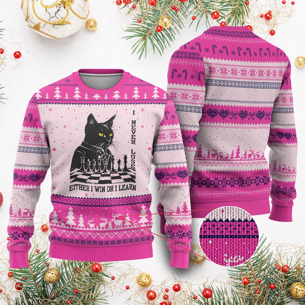 Chess Lover Ugly Christmas Sweater I Never Lose Either I Win Or I Learn Elegant Cool Cat
