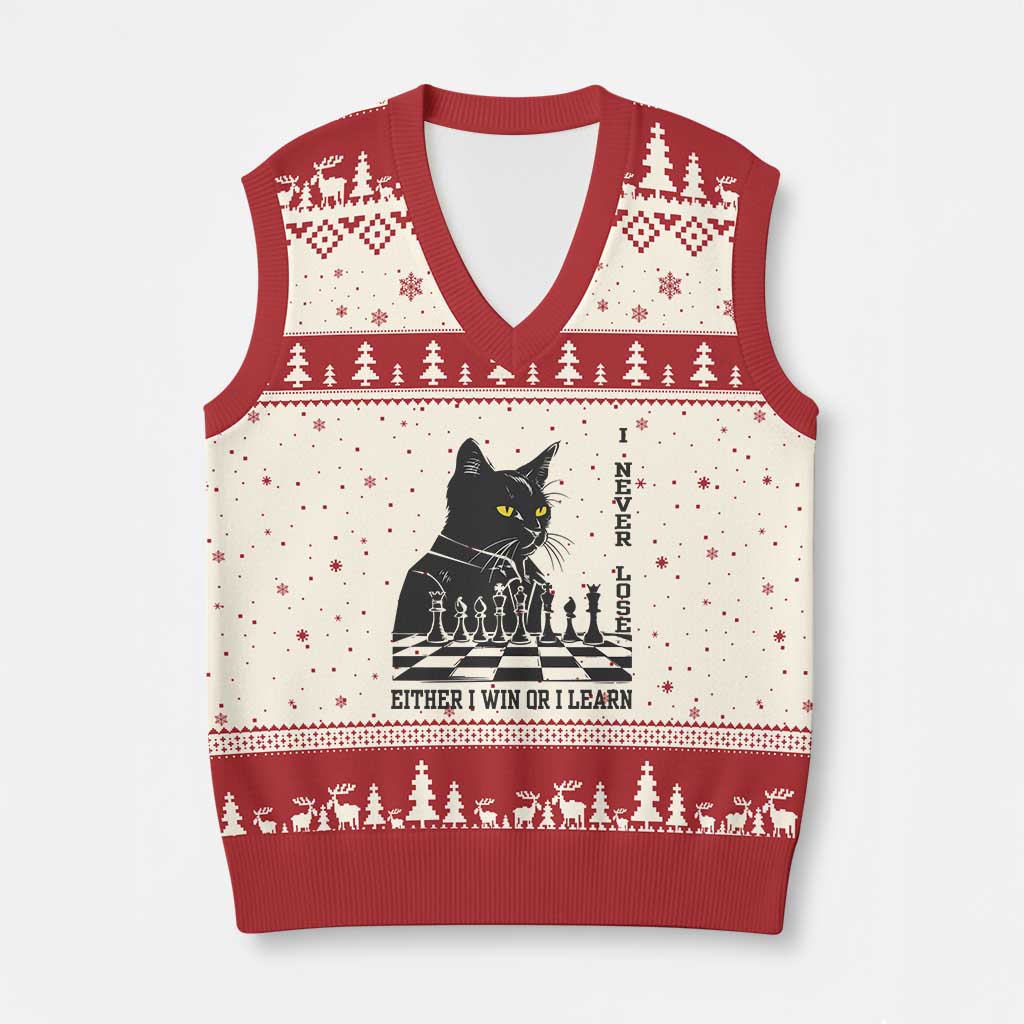 Chess Lover V-Neck Knit Sweater Vest I Never Lose Either I Win Or I Learn Elegant Cool Cat TS11 Beige Red Print Your Wear