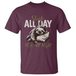 Funny Sloth T Shirt Sleep All Day Nap All Night Sleep Napping Cute TS11 Maroon Print Your Wear