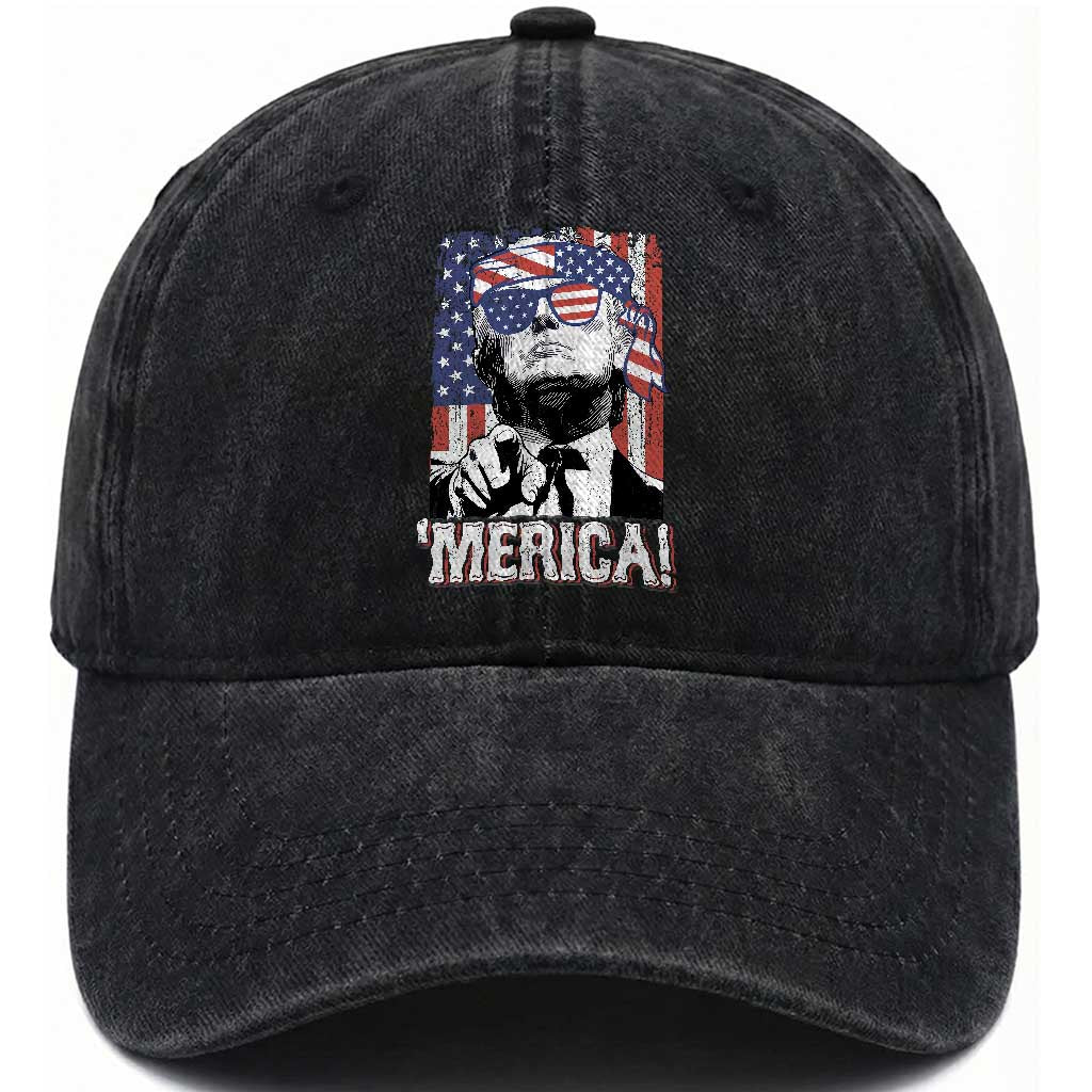 Merica Trump 4th Of July American Flag Washed Cotton Baseball Cap TS11 Washed Cap Universal Fit Black Print Your Wear