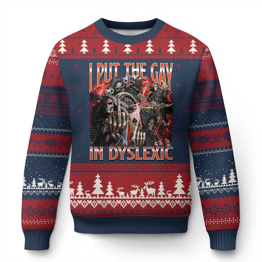 Funny I Put The Gay In Dyslexic Ugly Christmas Sweater Hard Skeleton Meme Bootleg TS11 Navy Red Print Your Wear