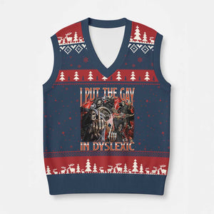Funny I Put The Gay In Dyslexic V-Neck Knit Sweater Vest Hard Skeleton Meme Bootleg TS11 Navy Red Print Your Wear