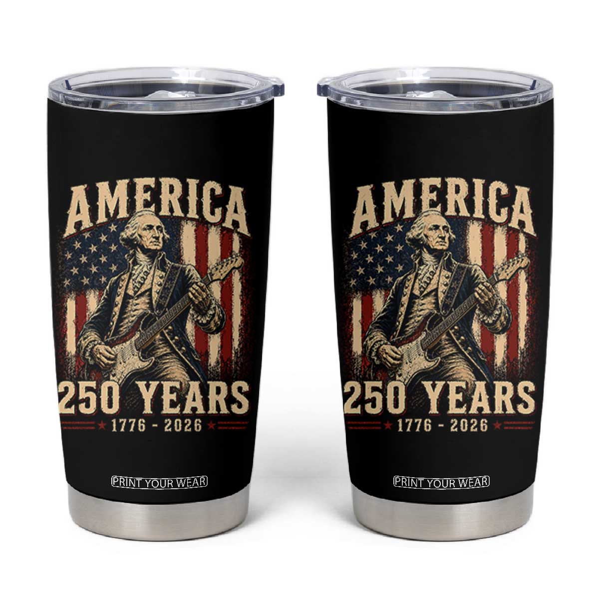 George Washington Playing Guitar 4th July US 250th Anniversary Tumbler Cup TS11 Black Print Your Wear