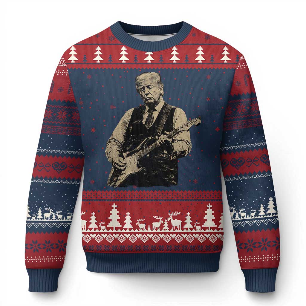 US Nation's Leader Playing Electic Rock Guitar Retro Vintage Ugly Christmas Sweater TS11 Navy Red Print Your Wear
