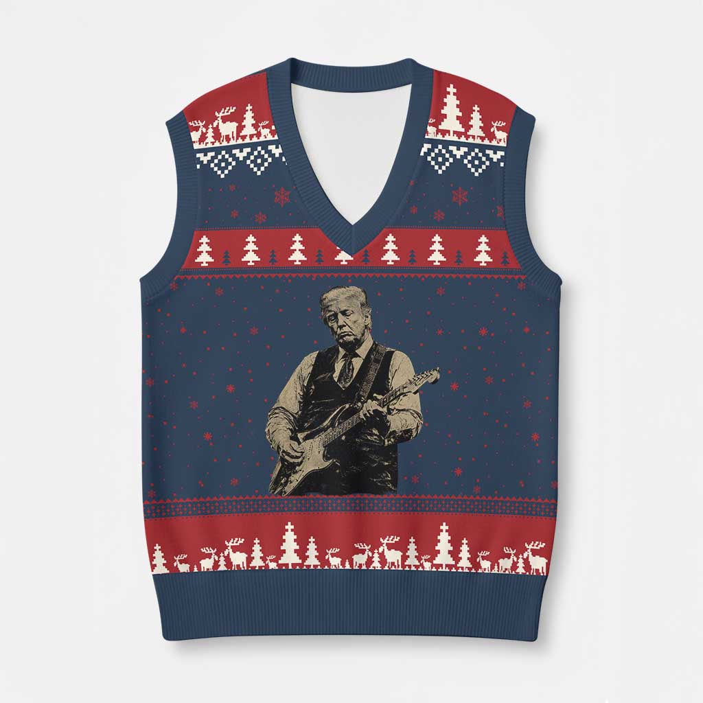 US Nation's Leader Playing Electic Rock Guitar Retro Vintage V-Neck Knit Sweater Vest TS11 Navy Red Print Your Wear
