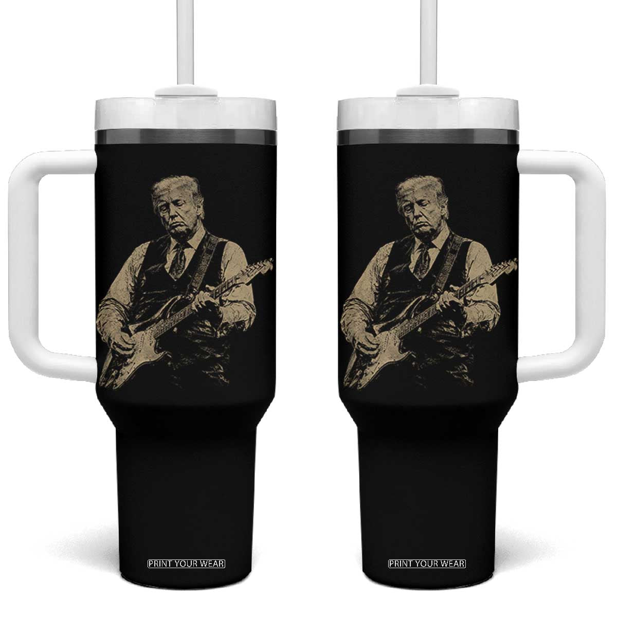 US Nation's Leader Playing Electic Rock Guitar Retro Vintage Tumbler With Handle TS11 One Size: 40 oz Black Print Your Wear