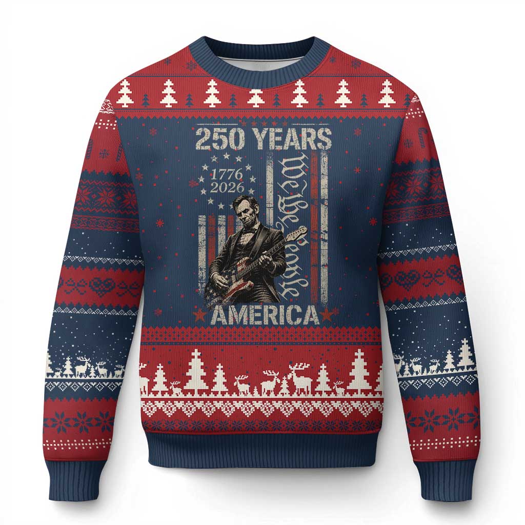 Abraham Lincoln Playing Guitar 4th July 250 Years America Ugly Christmas Sweater TS11 Navy Red Print Your Wear