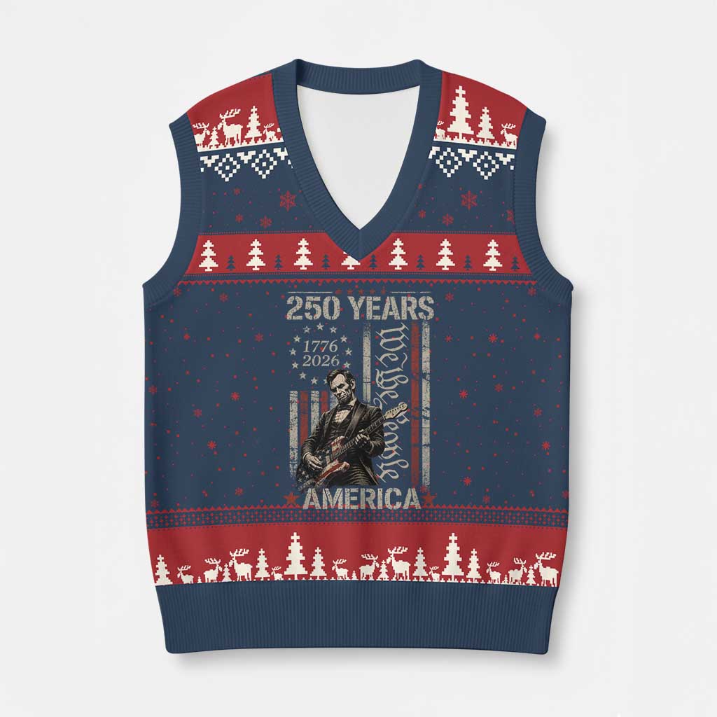 Abraham Lincoln Playing Guitar 4th July 250 Years America V-Neck Knit Sweater Vest TS11 Navy Red Print Your Wear
