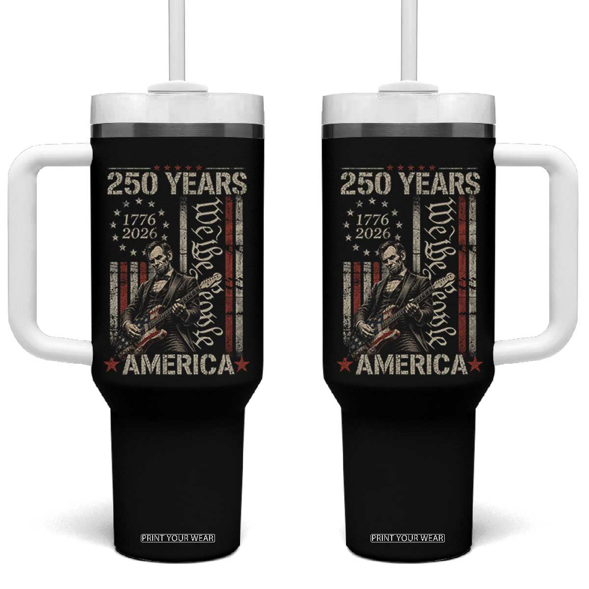 Abraham Lincoln Playing Guitar 4th July 250 Years America Tumbler With Handle TS11 One Size: 40 oz Black Print Your Wear