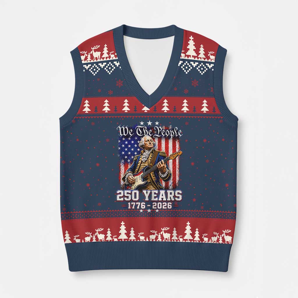 George Washington Playing Guitar 250th Anniversary USA V-Neck Knit Sweater Vest We The People 250 Years 1776 2026 TS11 Navy Red Print Your Wear
