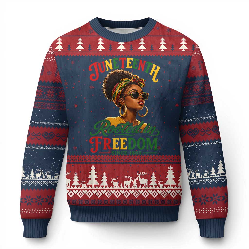 Juneteenth Rooted In Freedom Since 1865 Ugly Christmas Sweater Black Women African American TS11 Navy Red Print Your Wear