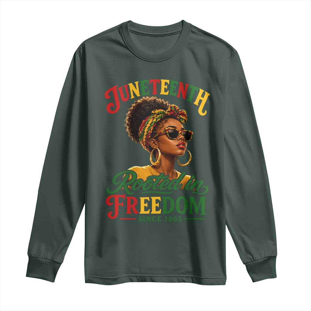 Juneteenth Rooted In Freedom Since 1865 Long Sleeve Shirt Black Women African American TS11 Dark Forest Green Print Your Wear