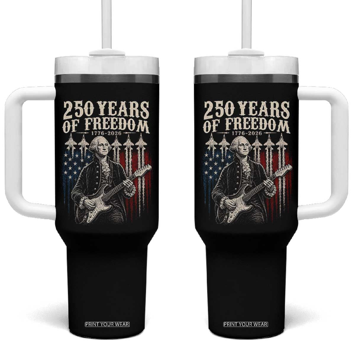 George Washington Playing Guitar 250 Years of Freedom Tumbler With Handle