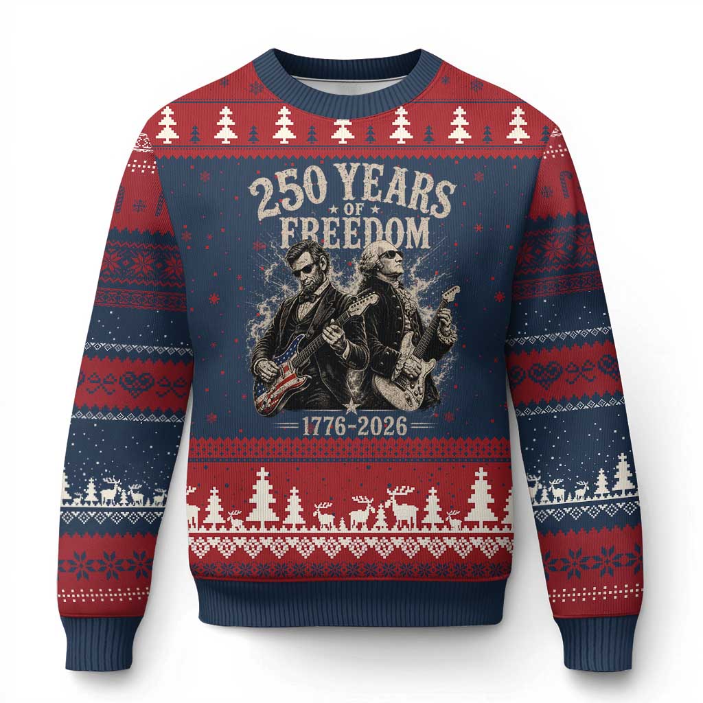 George Washington Lincoln Playing Guitar USA 250th Anniversary Ugly Christmas Sweater 250 Years Of Freedom 1776 2026 TS11 Navy Red Print Your Wear