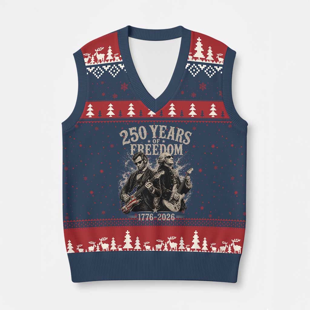 George Washington Lincoln Playing Guitar USA 250th Anniversary V-Neck Knit Sweater Vest 250 Years Of Freedom 1776 2026 TS11 Navy Red Print Your Wear
