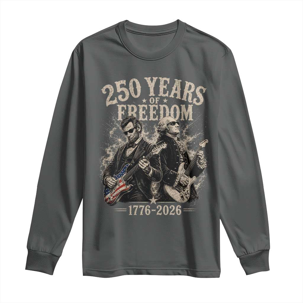 George Washington Lincoln Playing Guitar USA 250th Anniversary Long Sleeve Shirt 250 Years Of Freedom 1776 2026 TS11 Dark Heather Print Your Wear