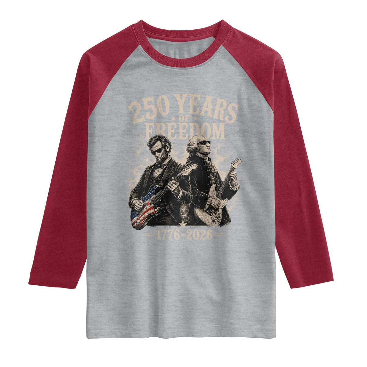 George Washington Lincoln Playing Guitar USA 250th Anniversary Raglan Shirt 250 Years Of Freedom 1776 2026 TS11 Heather Gray Heather Red Print Your Wear