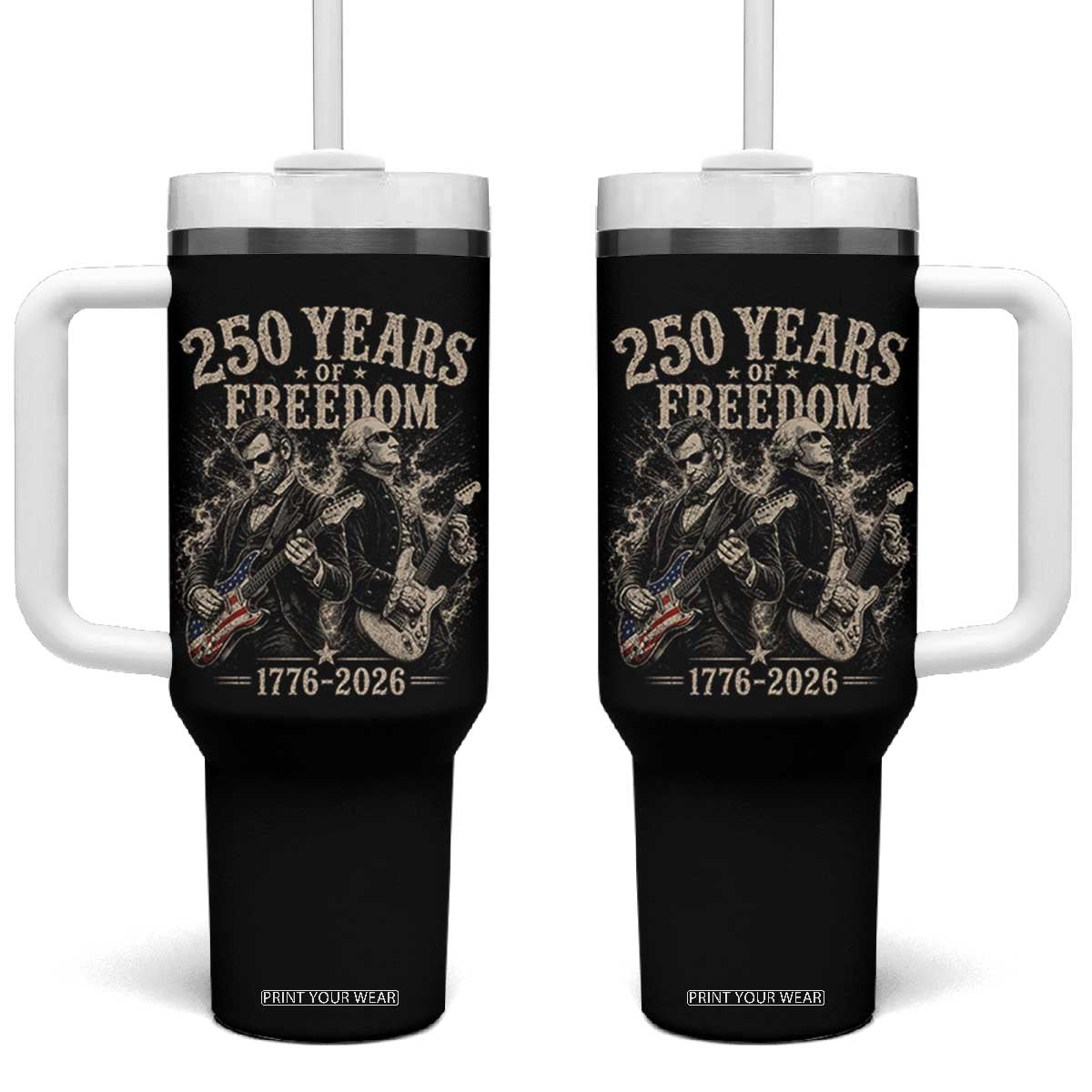 George Washington Lincoln Playing Guitar USA 250th Anniversary Tumbler With Handle 250 Years Of Freedom 1776 2026 TS11 One Size: 40 oz Black Print Your Wear