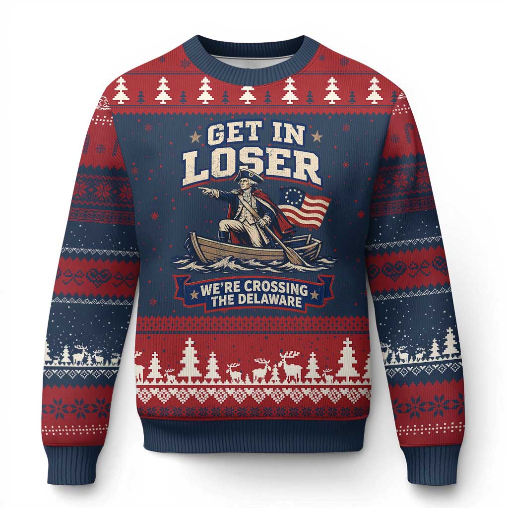 Get In Loser We Are Crossing The Delaware Ugly Christmas Sweater Funny George Washington Patriotic 4th of July TS11 Navy Red Print Your Wear