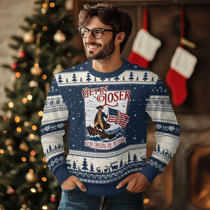 Get In Loser We're Crossing The Delaware Ugly Christmas Sweater Funny George Washington US 250th 4th Of July TS11 Navy Beige Print Your Wear