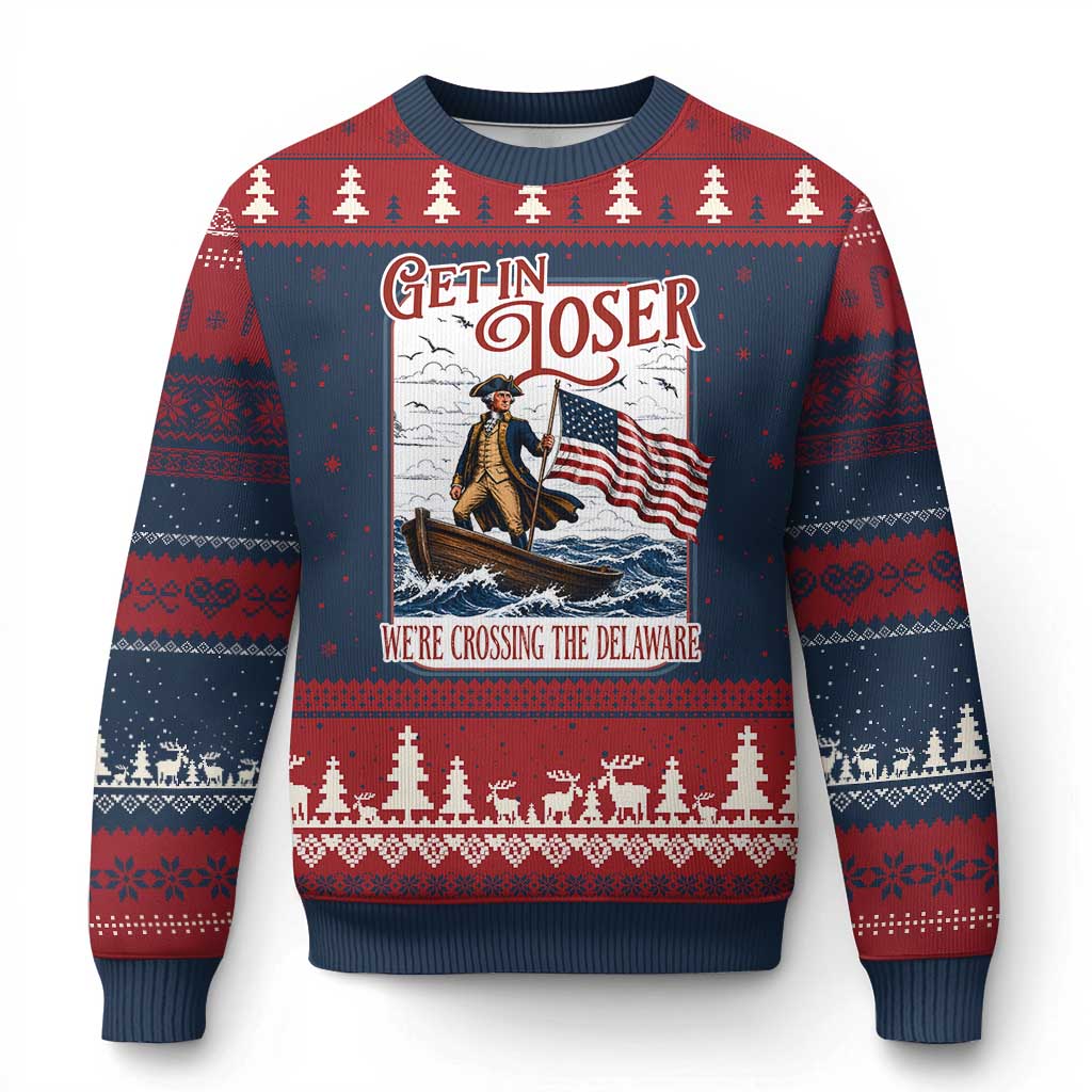 Get In Loser We're Crossing The Delaware Ugly Christmas Sweater Funny George Washington US 250th 4th Of July TS11 Navy Red Print Your Wear