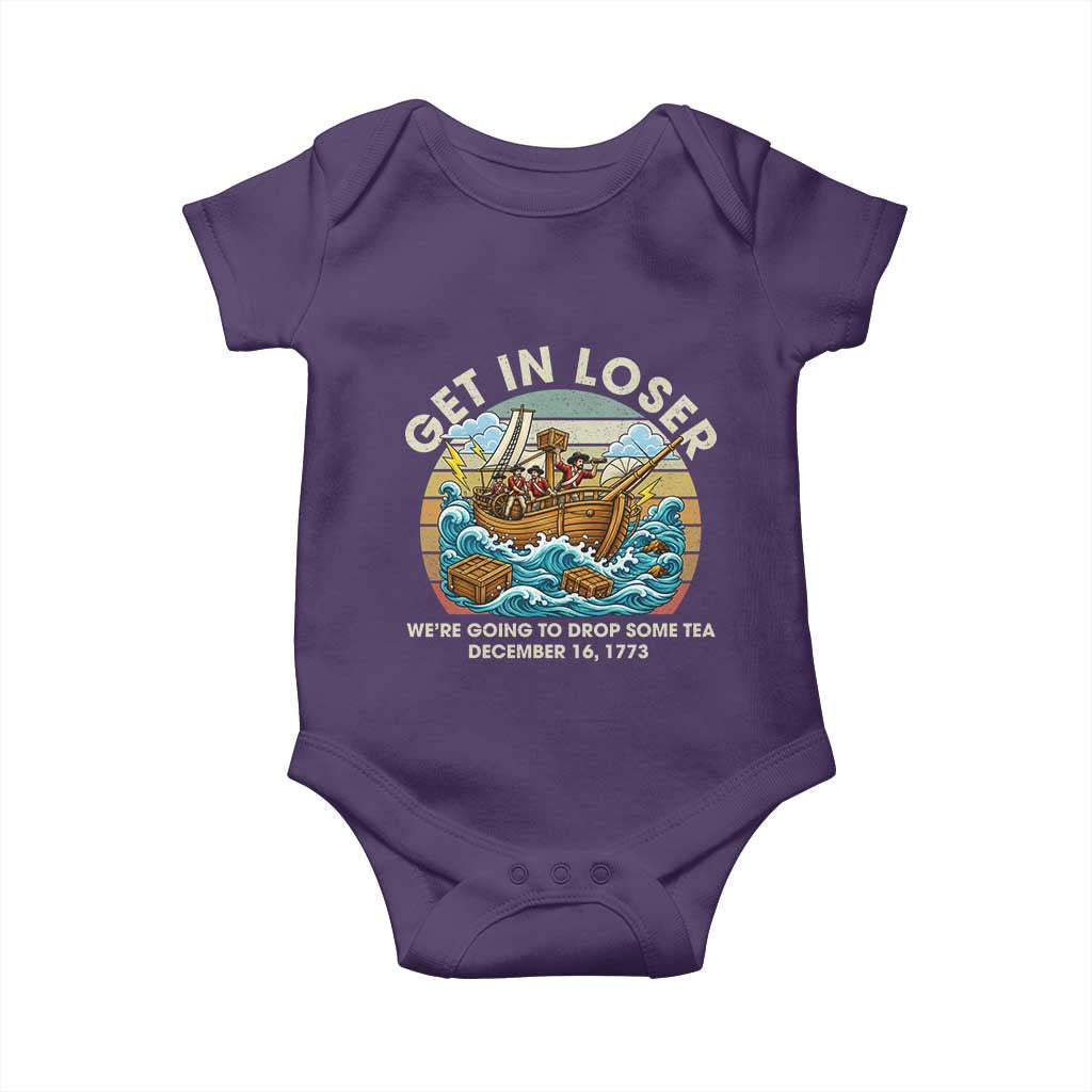 Get in Loser We're Going to Drop Some Tea Baby Onesie Funny 4th of July TS11 Purple Print Your Wear