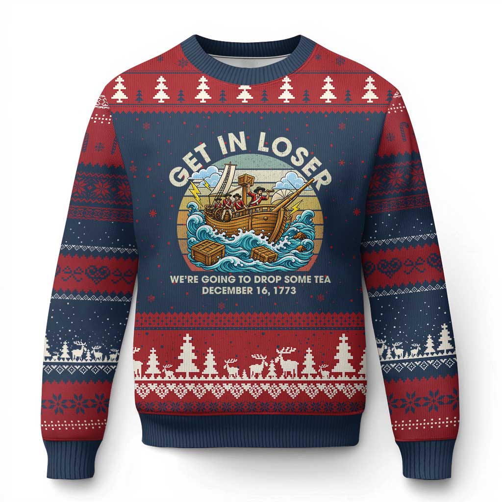 Get in Loser We're Going to Drop Some Tea Ugly Christmas Sweater Funny 4th of July TS11 Navy Red Print Your Wear