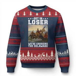 Get In Loser We Are Crossing The Delaware Ugly Christmas Sweater Funny George Washington 4th Of July Artwork