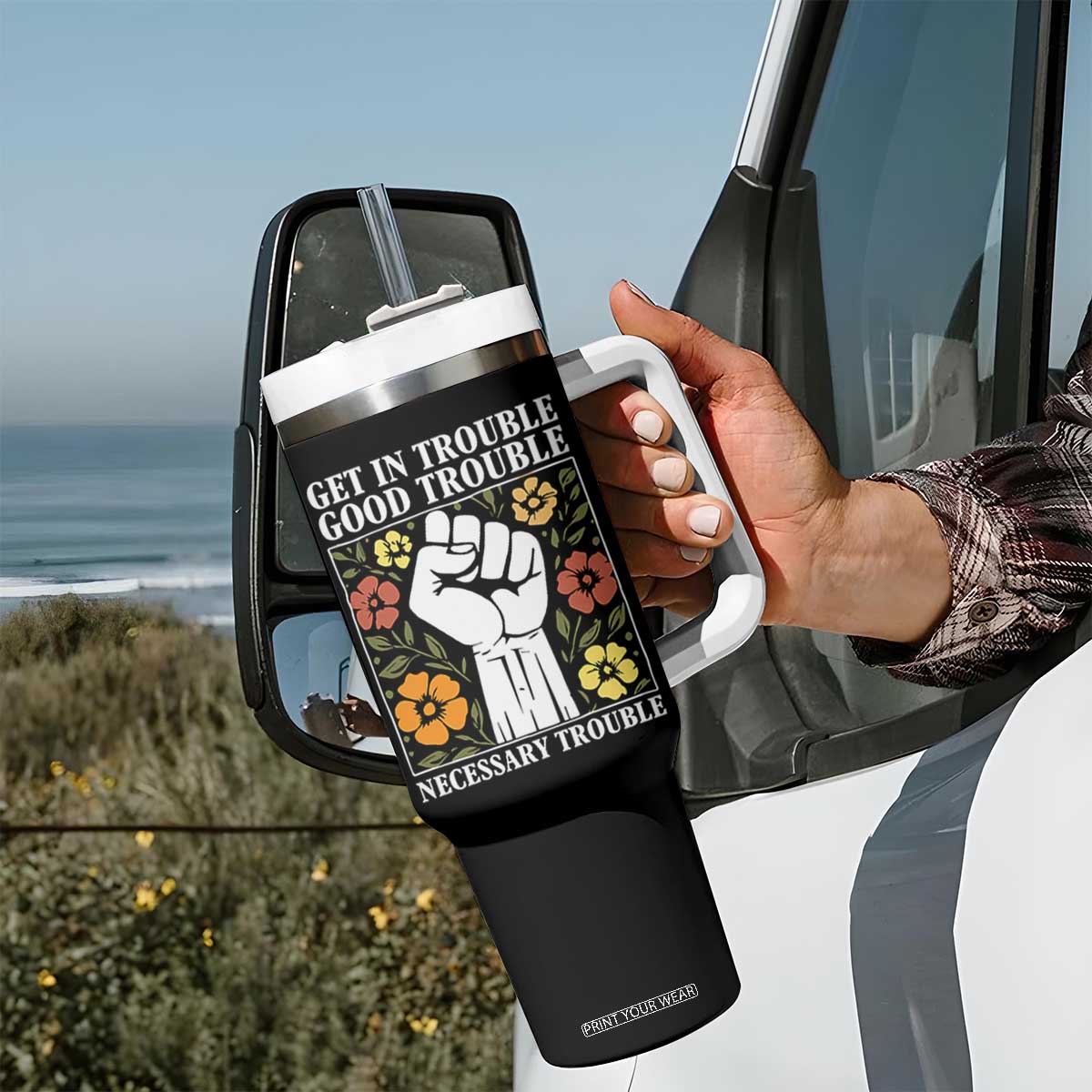 John Lewis Quote Tumbler With Handle Get In Good Necessary Trouble Civil Rights Handfist TS11 Print Your Wear