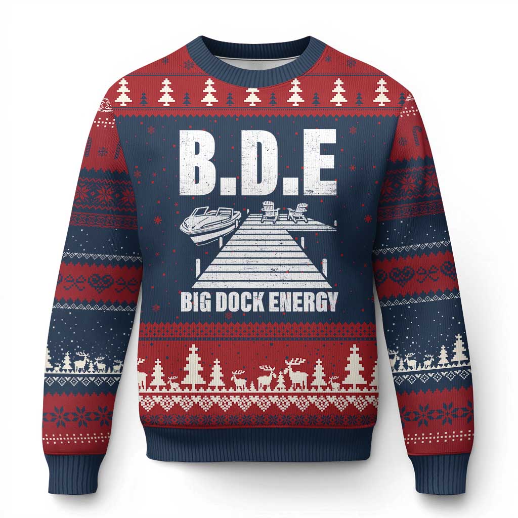 Funny BDE Big Dock Energy Ugly Christmas Sweater Lake And Boating Lover TS11 Navy Red Print Your Wear